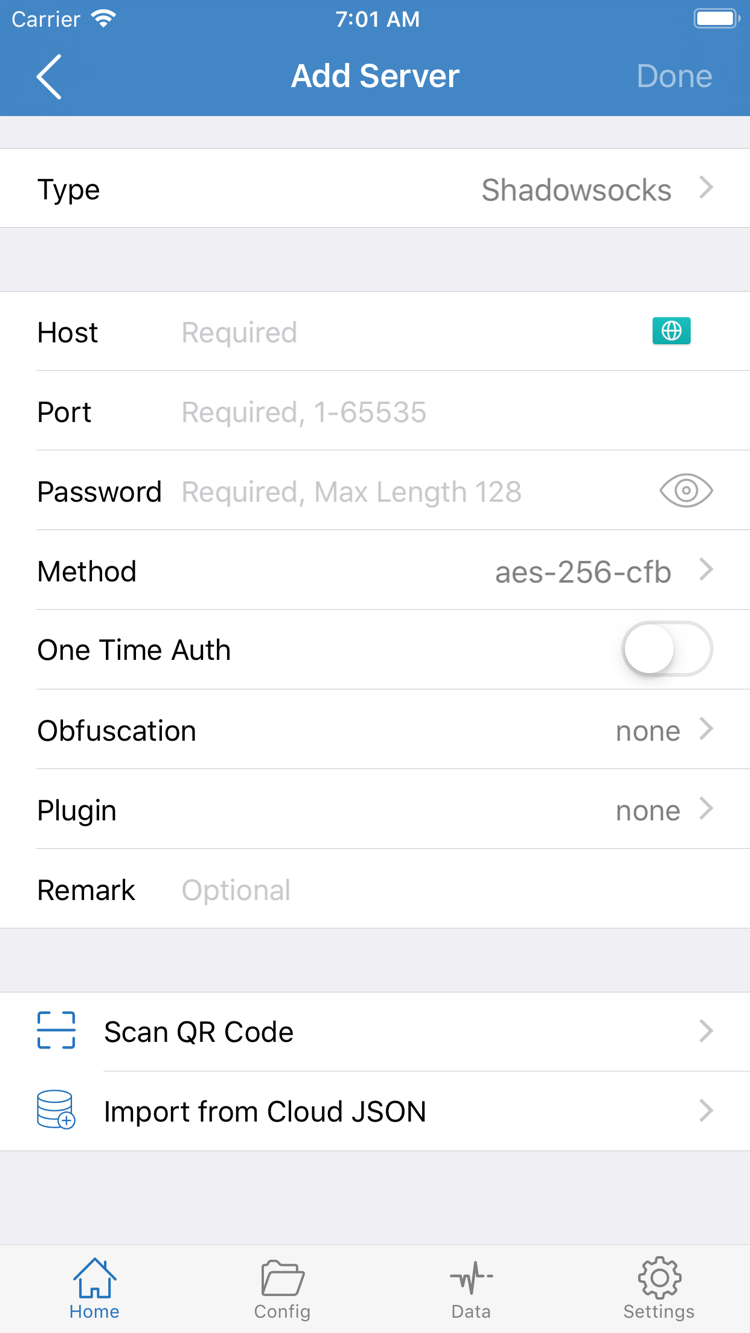 App Store에서 제공하는 Shadowrocket Add Server 인터페이스 스크린샷. Type, Host, Port, Password, Method 항목이 표시됩니다.