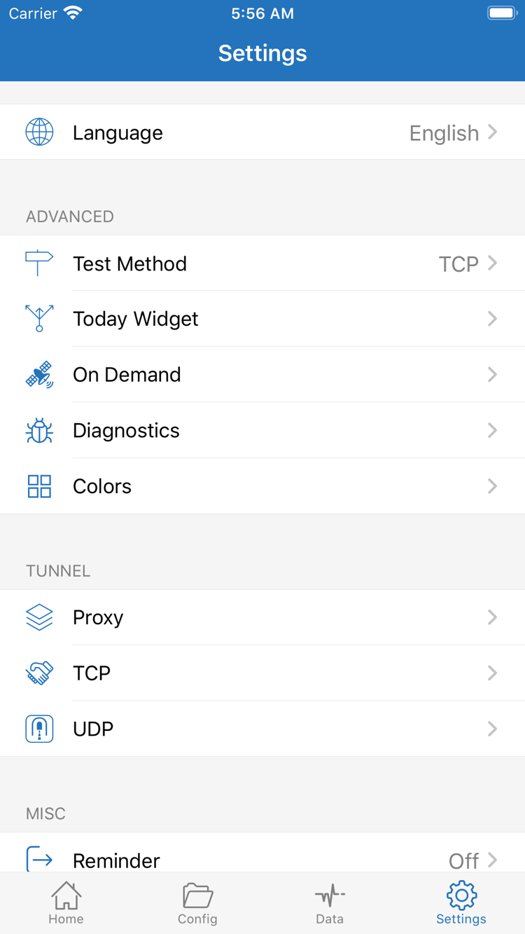 App Store 제공 Shadowrocket Settings 스크린샷. Test Method, On Demand, Diagnostics 등의 설정 항목이 표시됩니다.