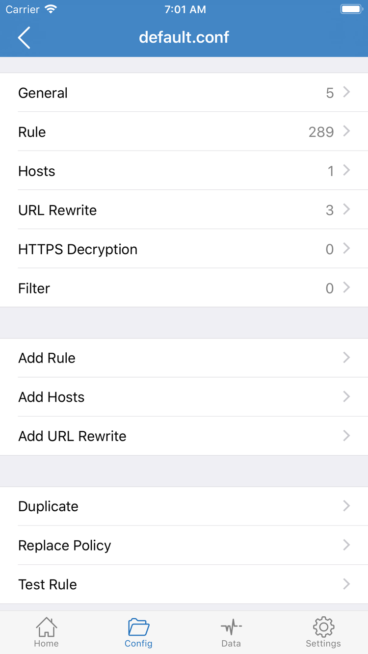 App Store 제공 Shadowrocket Config 구성 편집 스크린샷. General, Rule, Add Rule 등의 위치가 표시됩니다.