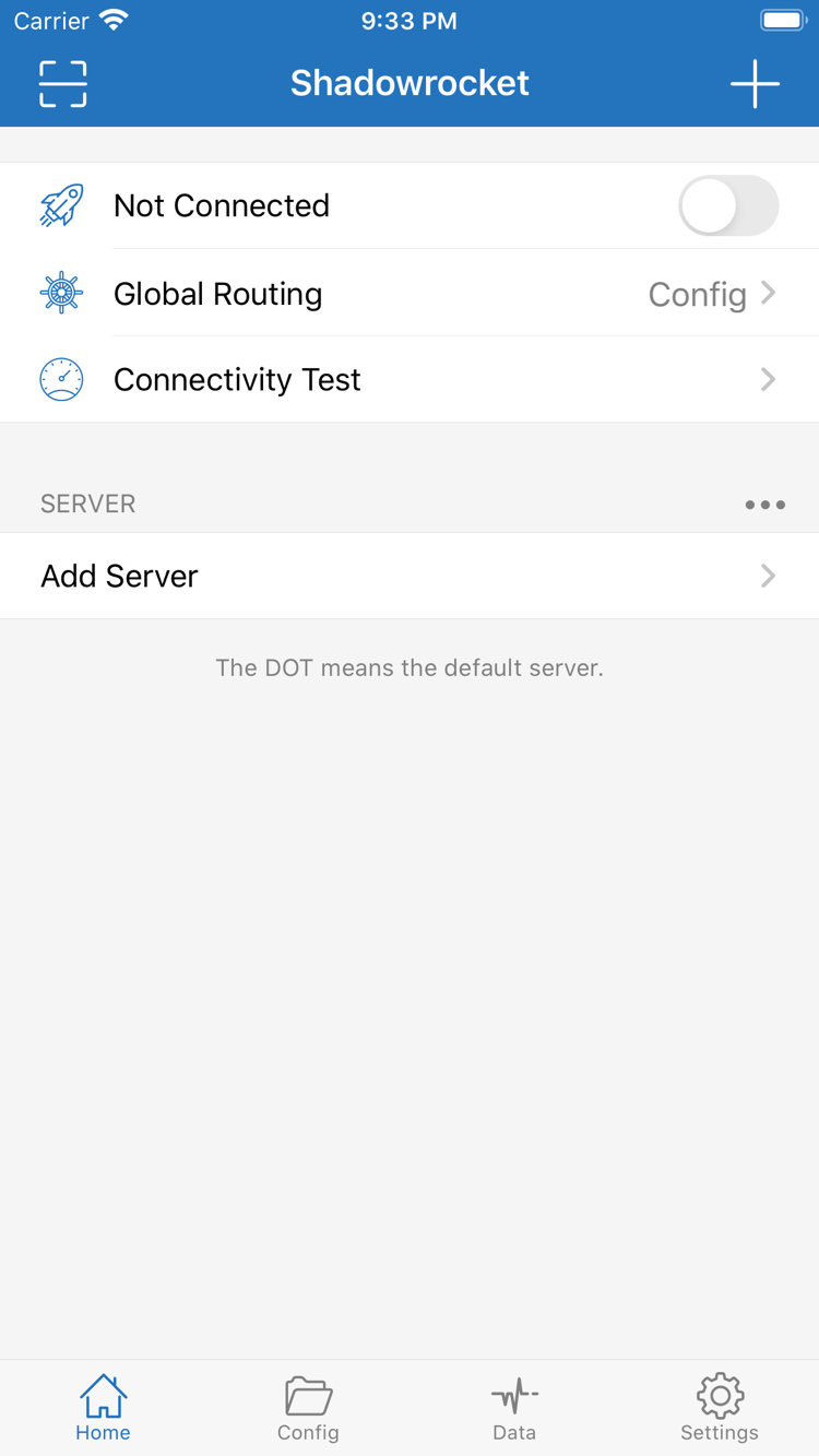 App Store에서 제공하는 Shadowrocket Home 인터페이스 스크린샷. Global Routing, Connectivity Test, Add Server가 표시됩니다.